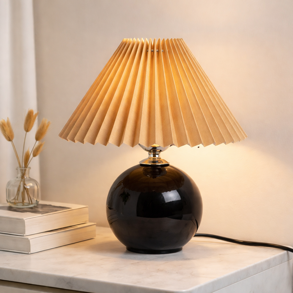Vintage Pleated Table Lamp – Ceramic Base LED Bedside Light