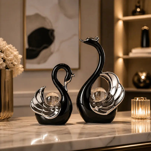 Luxury ceramic swan sculpture set for elegant home décor