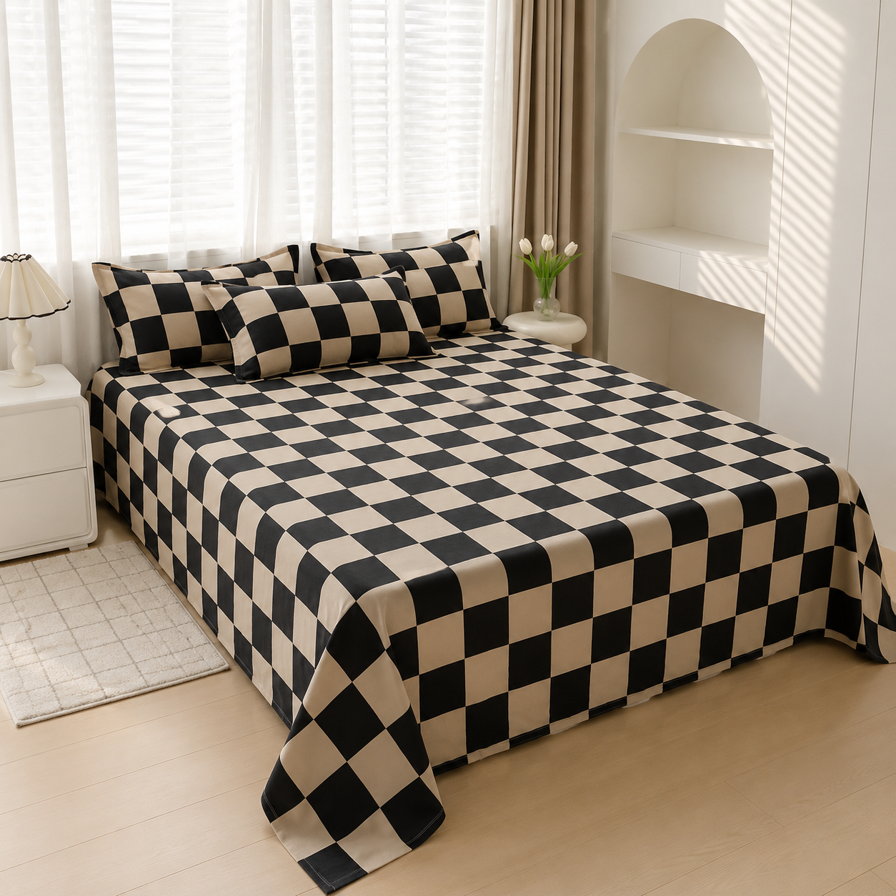 Nordic Plaid Flat Bed Sheet – Soft Black & White Bedding Cover