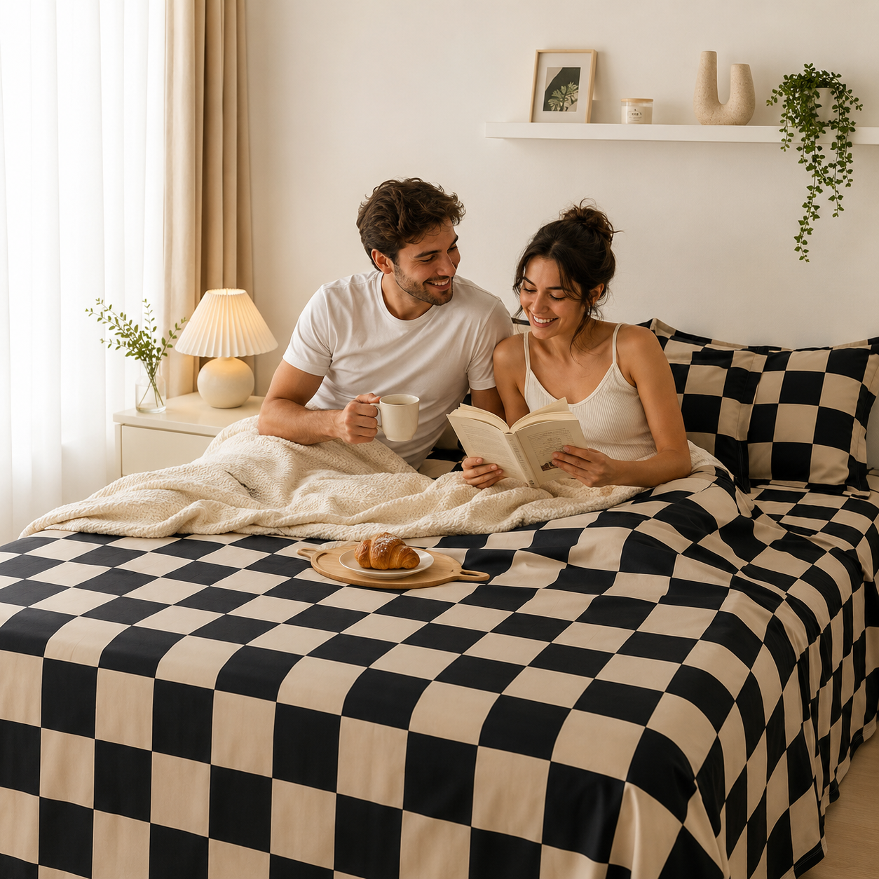 Nordic Plaid Flat Bed Sheet – Soft Black & White Bedding Cover