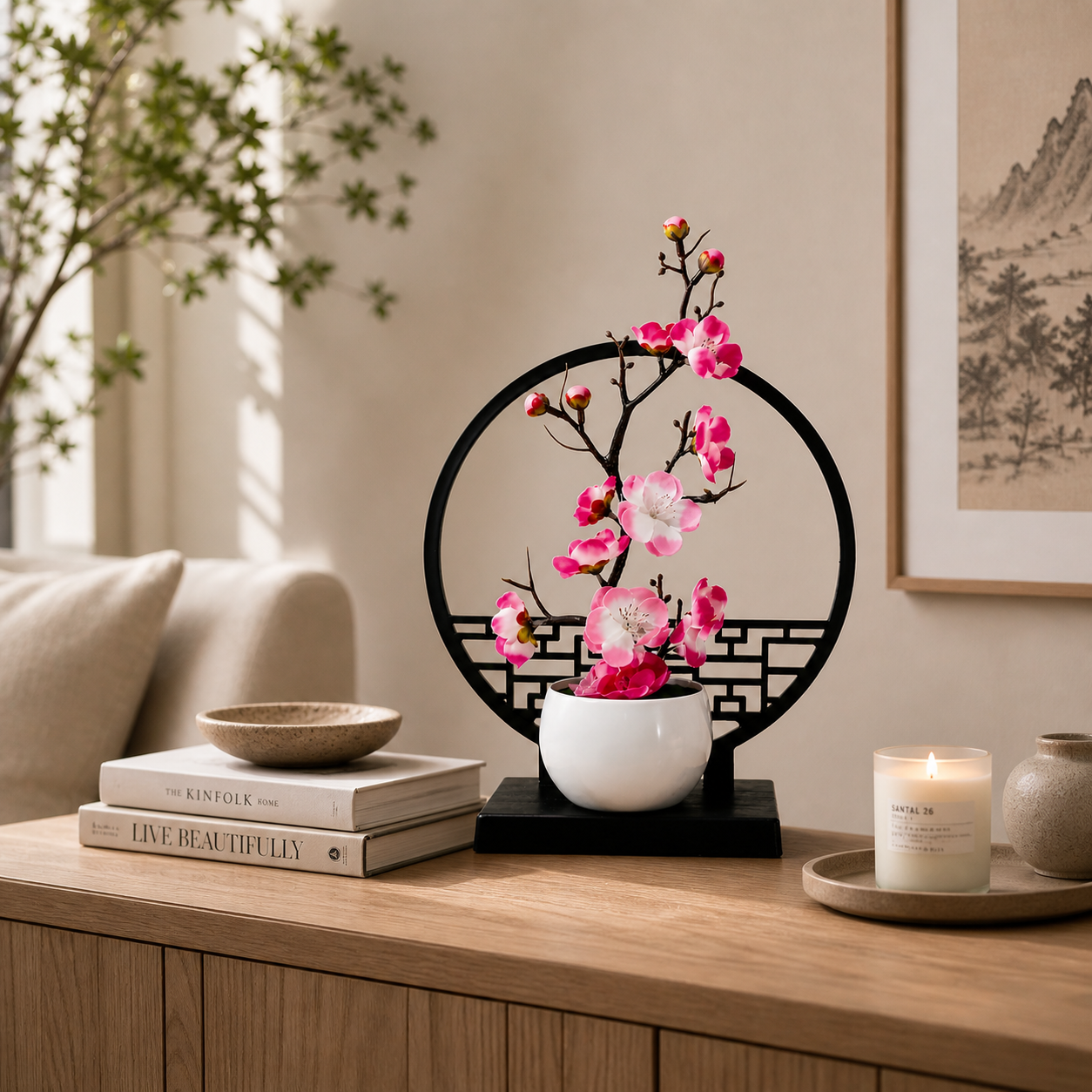 Artificial Plum Blossom Bonsai – Elegant Oriental Tabletop Decor with Screen Base