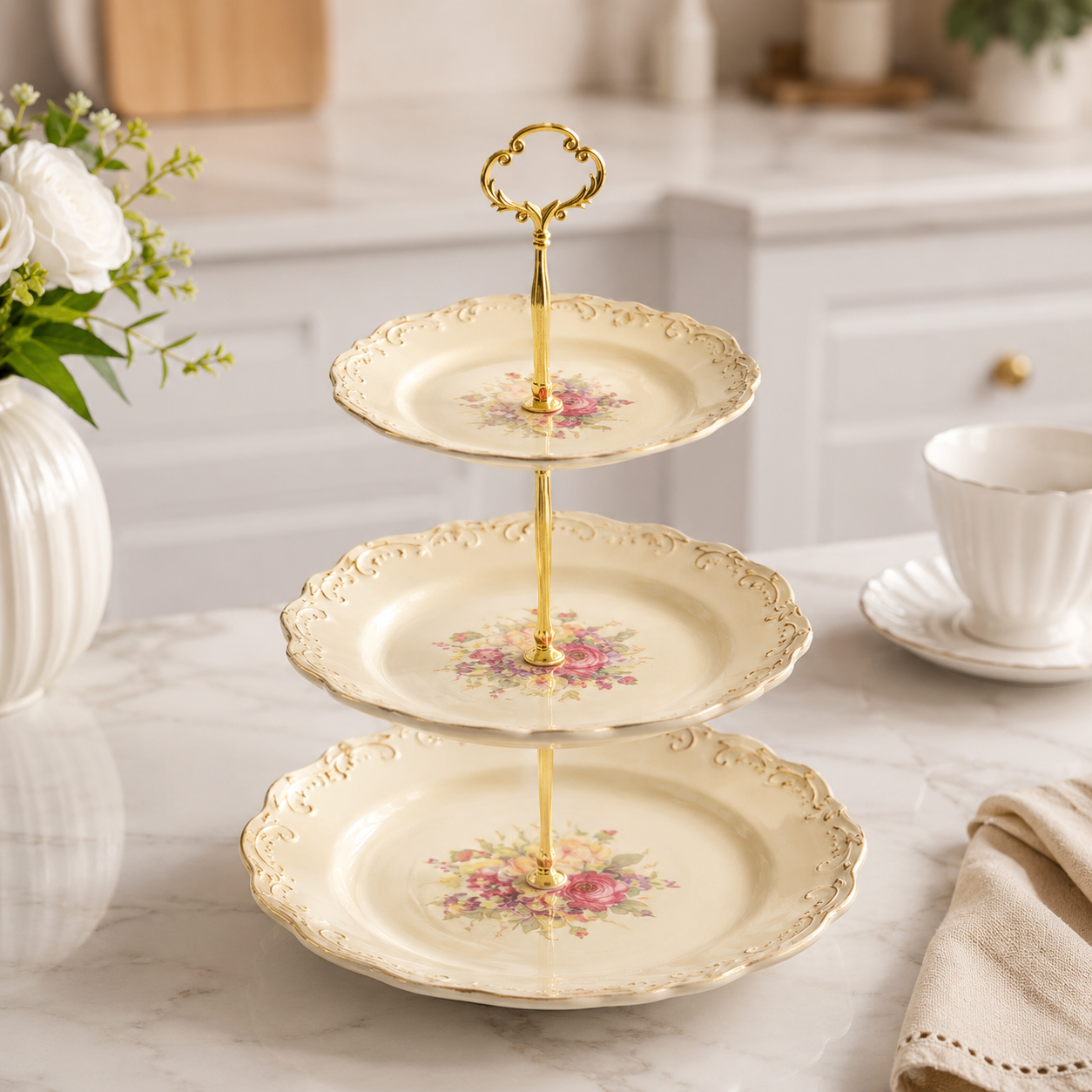 Embossed Porcelain Tiered Serving Stand