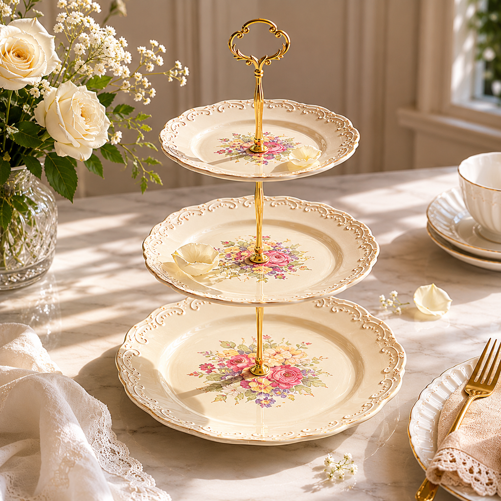 Embossed Porcelain Tiered Serving Stand