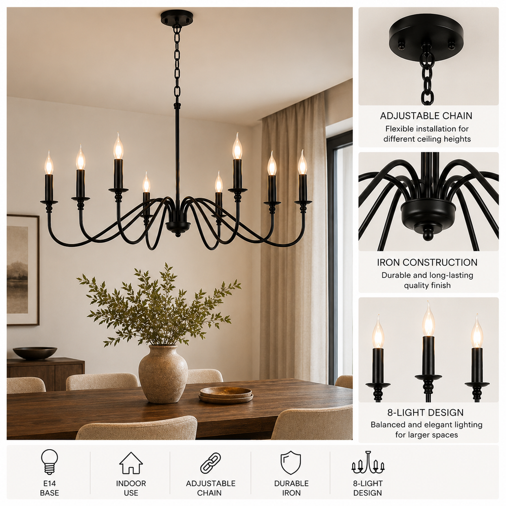 Decorative 8-Light Chandelier – Iron Ceiling Lamp