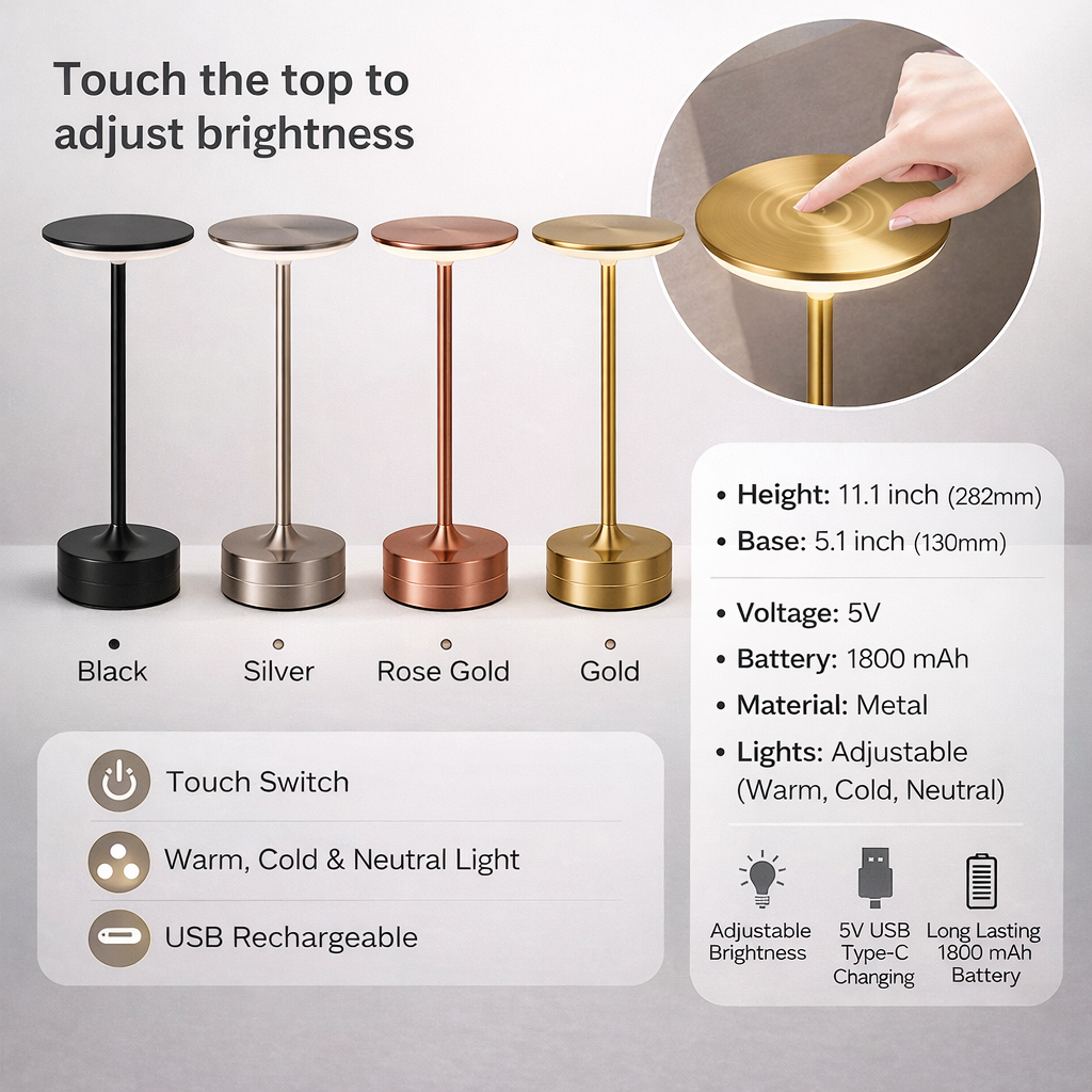 LED Touch Table Lamp Rechargeable with Adjustable Brightness for Bedroom