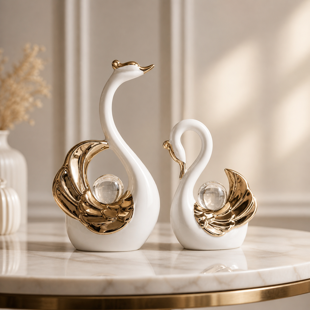 Ceramic Swan Ornament Set (2 Pieces) – Luxury Home Decor Sculpture