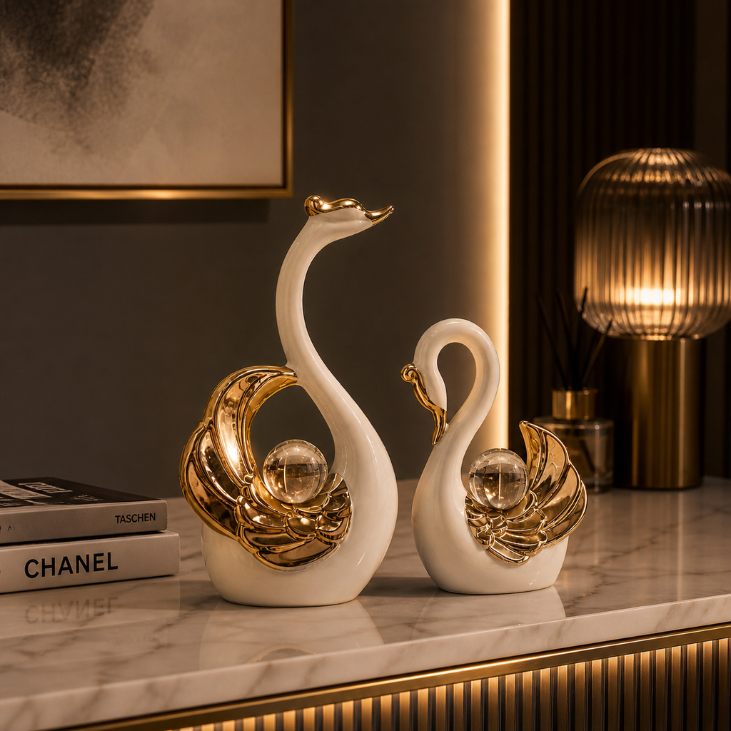 Ceramic Swan Ornament Set (2 Pieces) – Luxury Home Decor Sculpture