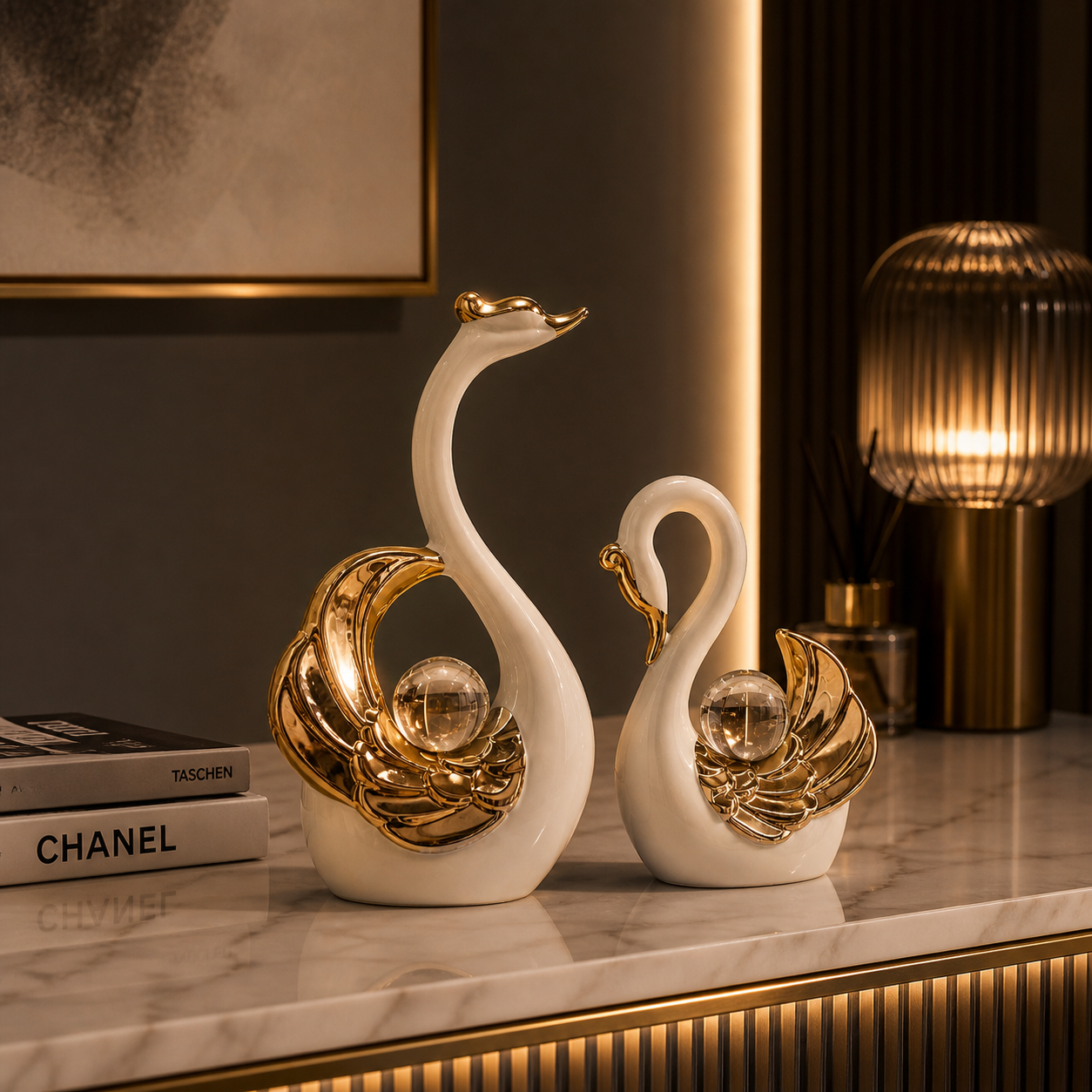 Ceramic Swan Ornament Set (2 Pieces) – Luxury Home Decor Sculpture