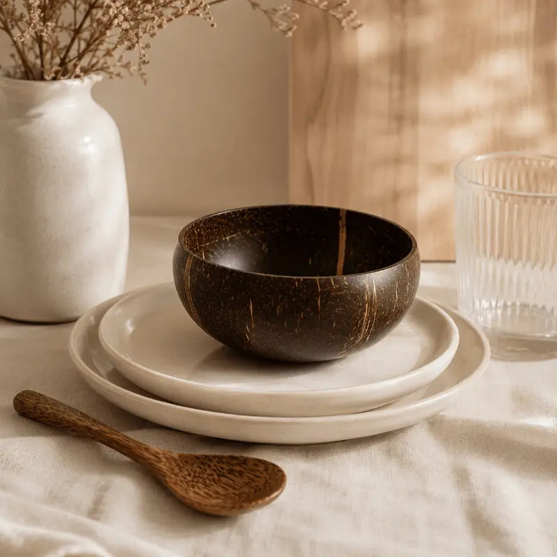 Coconut bowl with wooden spoon set for natural dining and table presentation