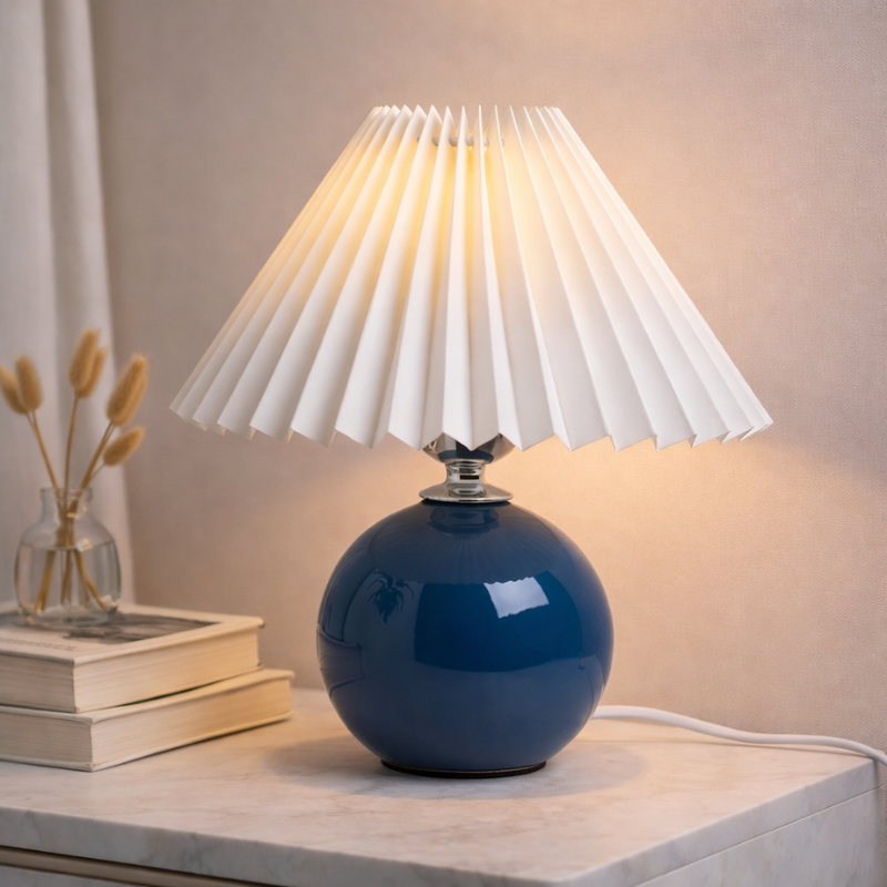 Vintage Pleated Table Lamp – Ceramic Base LED Bedside Light