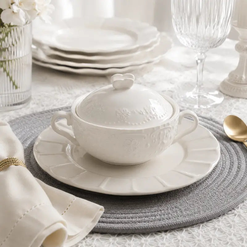 Embossed covered porcelain bowl for elegant dining and table presentation