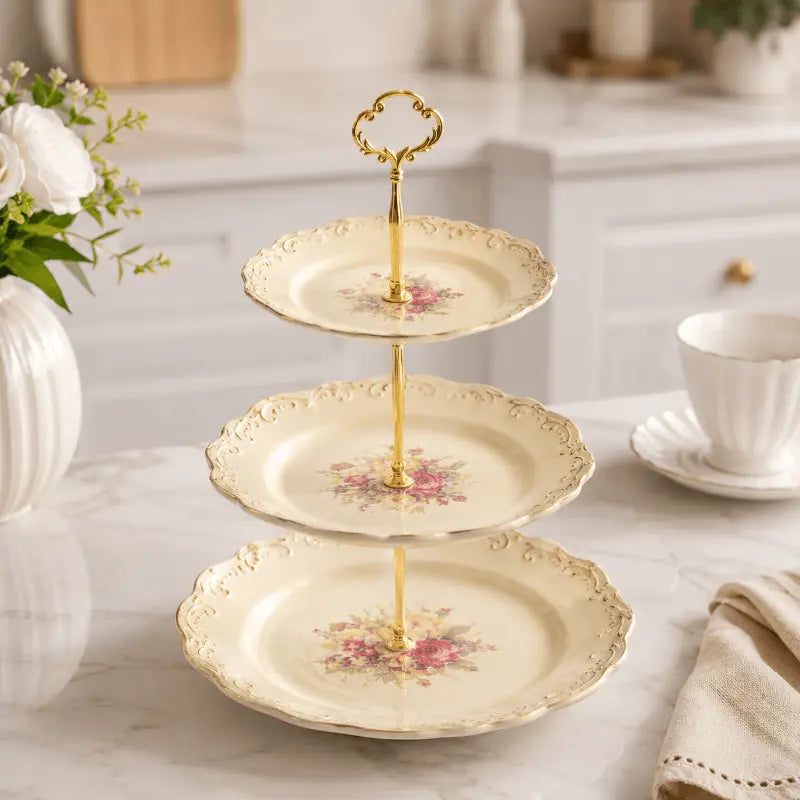 Embossed porcelain tiered serving stand for elegant table presentation