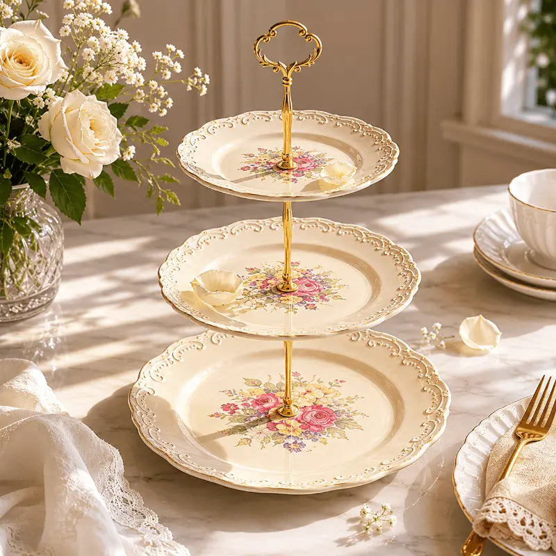 Embossed porcelain tiered serving stand for elegant table presentation