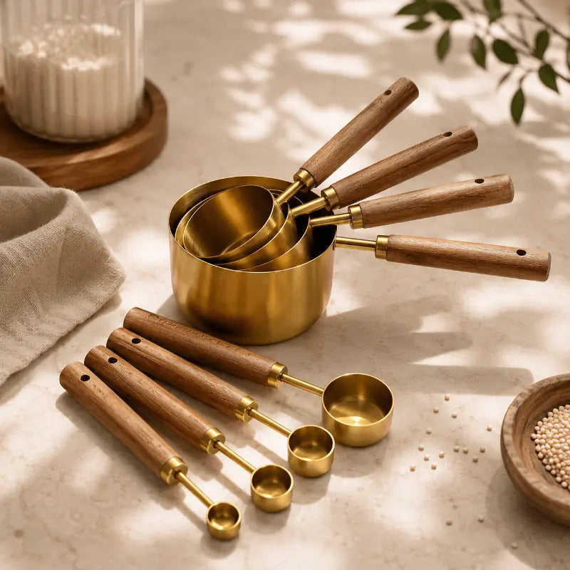 Gold measuring spoon set for elegant cooking and baking preparation