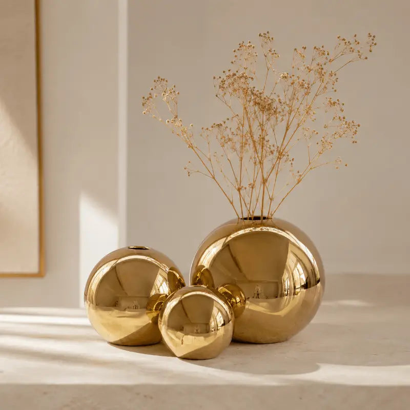 Golden sphere ceramic vase set for elegant home décor
