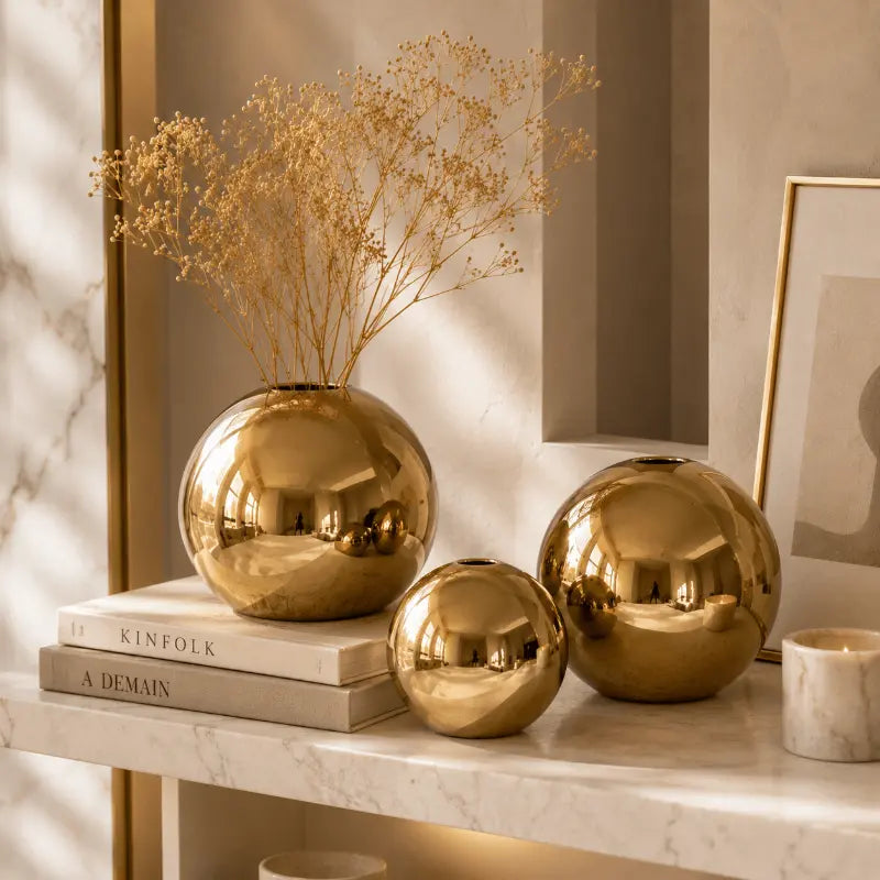 Golden sphere ceramic vase set for elegant home décor