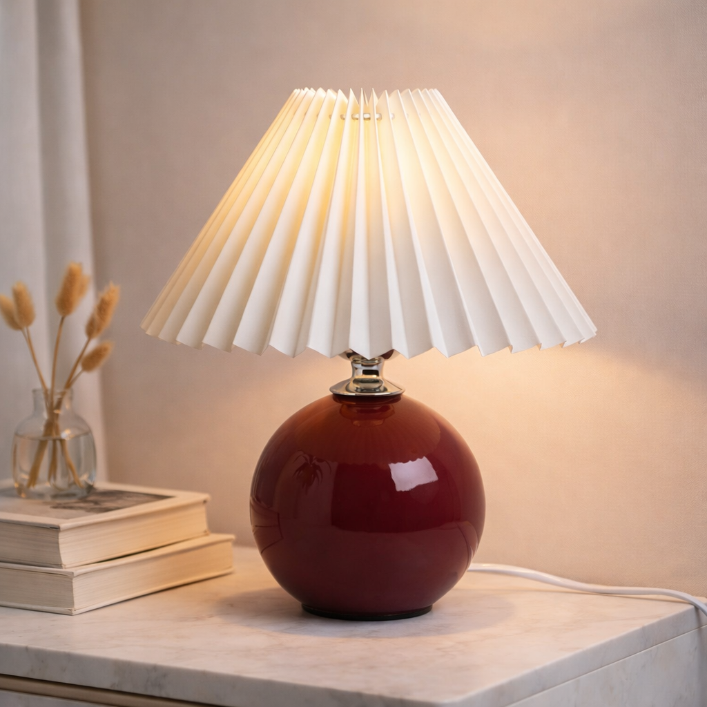 Vintage Pleated Table Lamp – Ceramic Base LED Bedside Light
