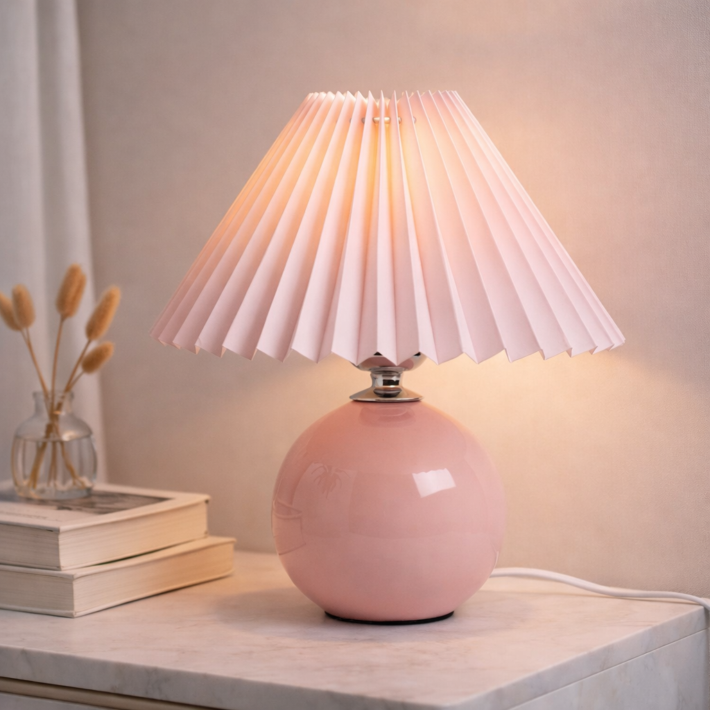 Vintage Pleated Table Lamp – Ceramic Base LED Bedside Light