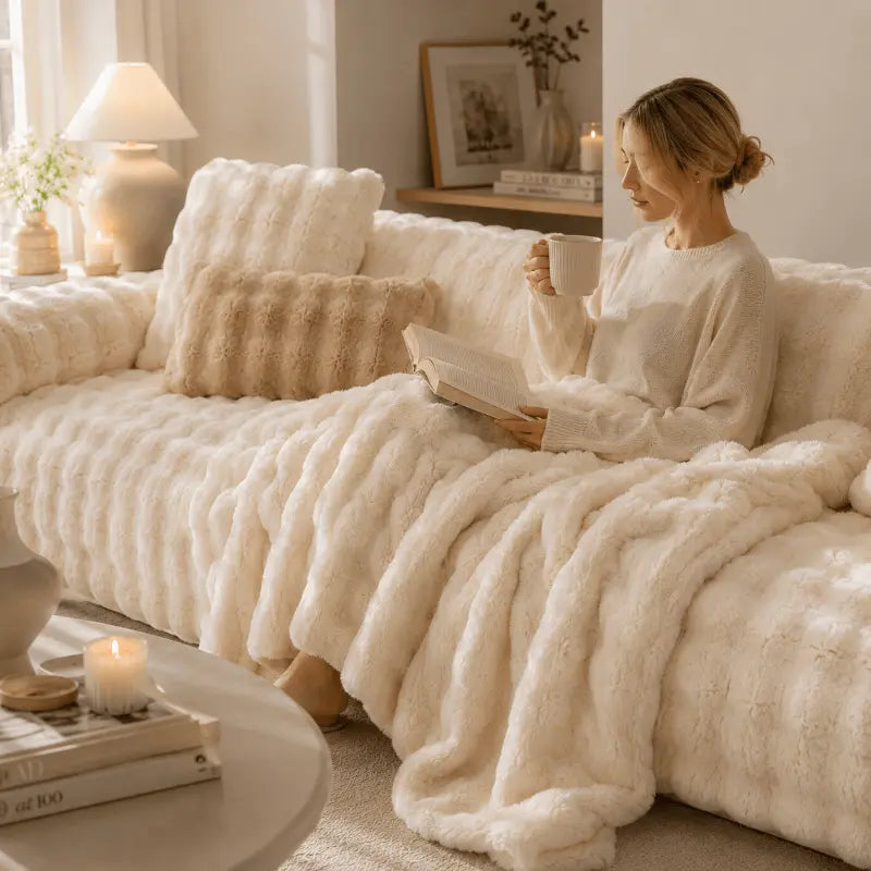Luxury faux rabbit fur sofa throw for living room and bedroom décor