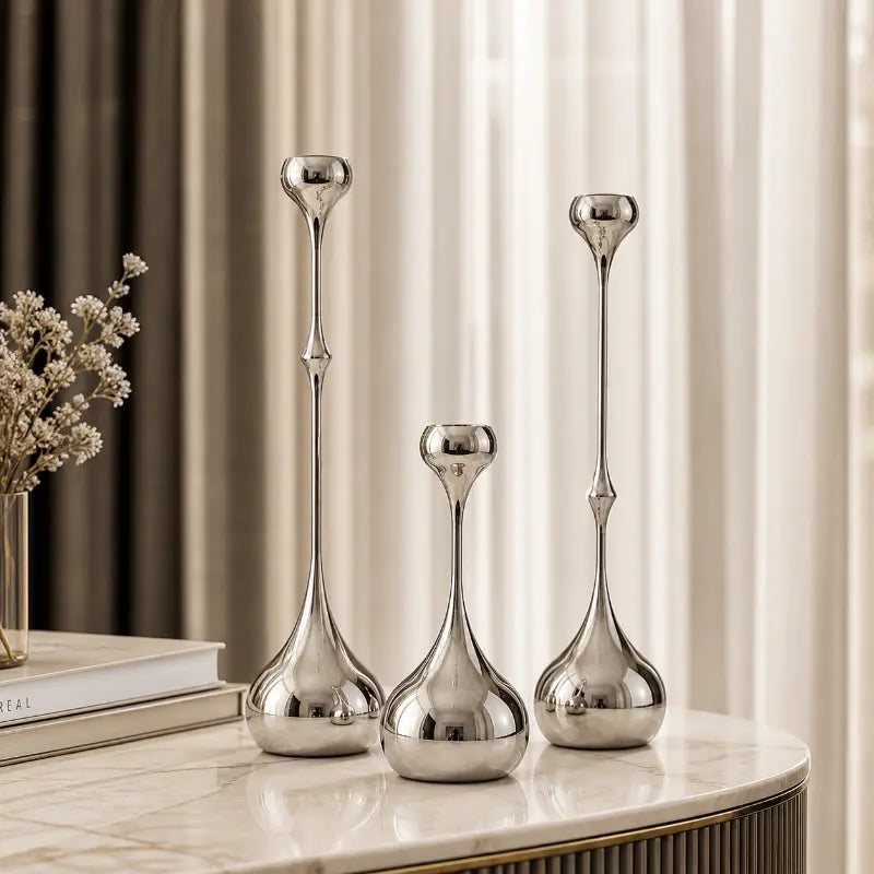 Modern silver metal candle holder set for minimalist home décor