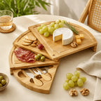 Rotating bamboo cheese board set for elegant food presentation and entertaining