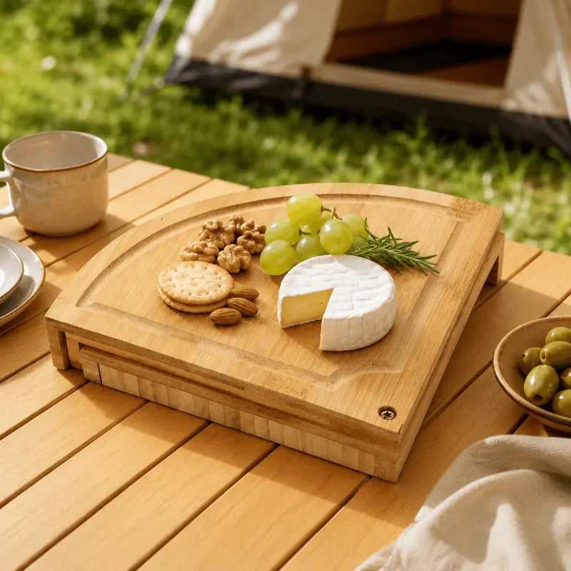 Rotating bamboo cheese board set for elegant food presentation and entertaining