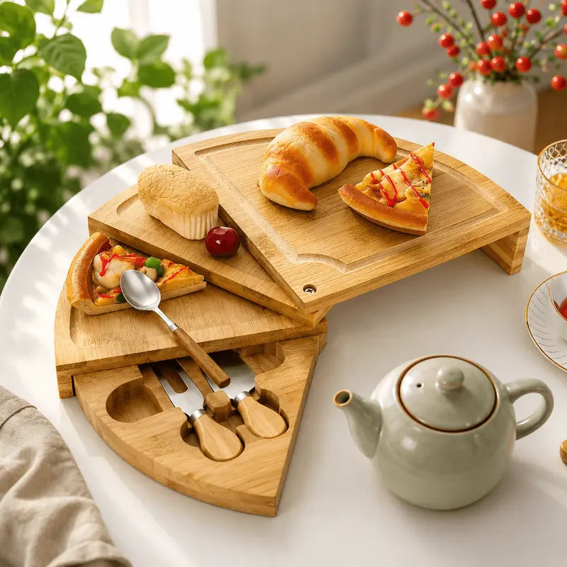 Rotating bamboo cheese board set for elegant food presentation and entertaining