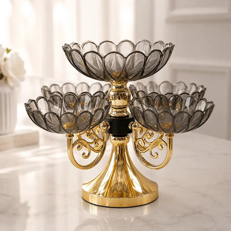 Rotating decorative serving stand with five bowls for elegant table presentation