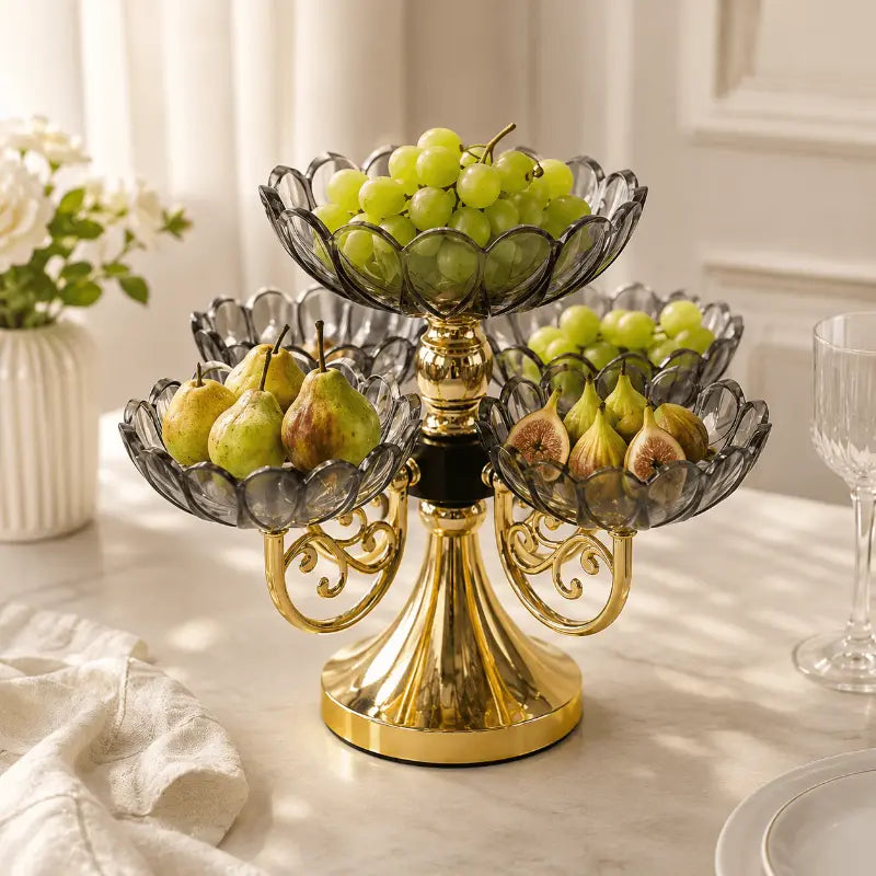 Rotating decorative serving stand with five bowls for elegant table presentation