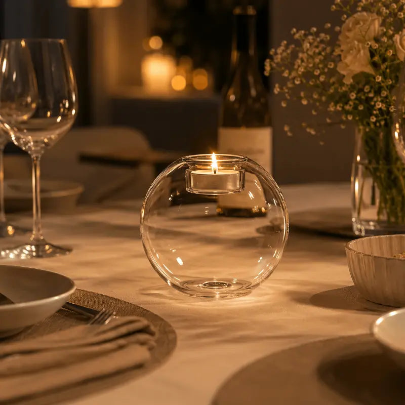 Round glass candle holder for elegant table and home décor