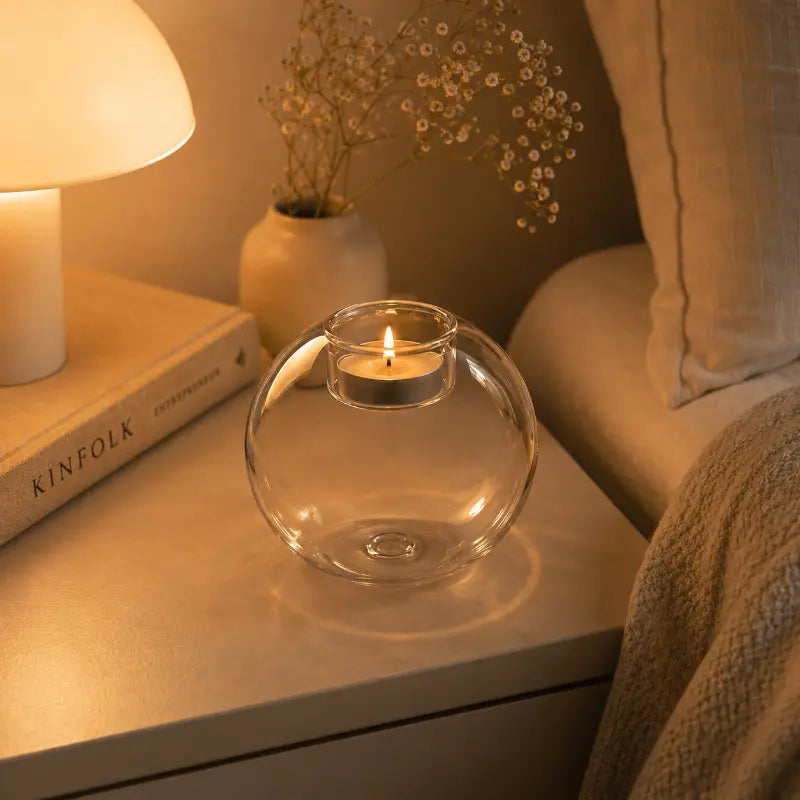 Round glass candle holder for elegant table and home décor