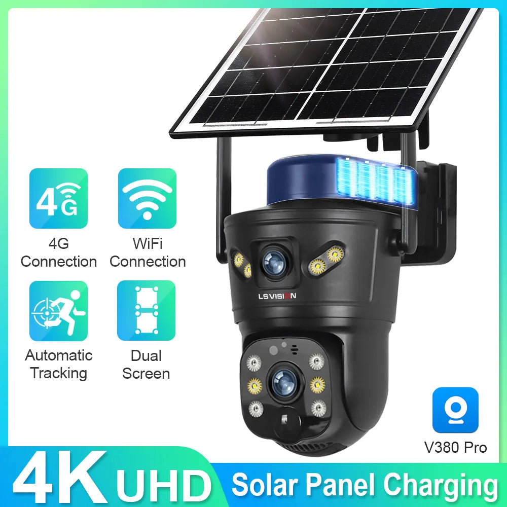 LS VISION 4G /WIFI Outdoor Solar Camera 8MP Dual Lens PIR Sim Card built in Night Vision Waterproof Security Camara Battery CCTV