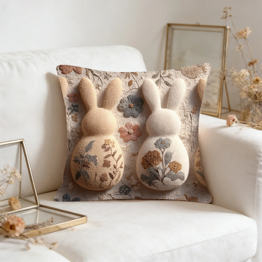 Easter Bunny Cushion Cover – Embroidered Decorative Pillow Case