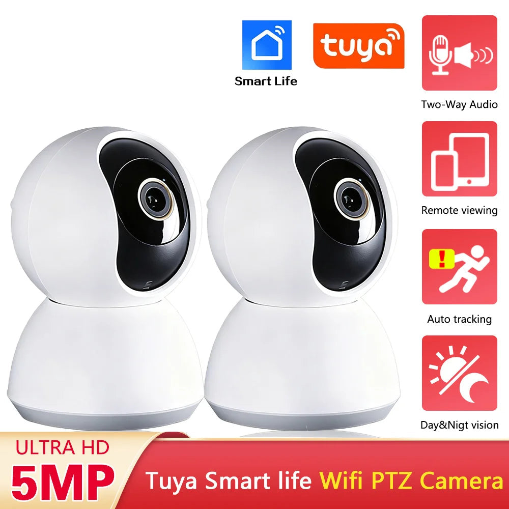 Tuya 2 Way Audio 5MP Wifi Smart Home Baby Monitor Mini Indoor Security IP Camera 2K PTZ Auto Tracking CCTV Surveillance Camera