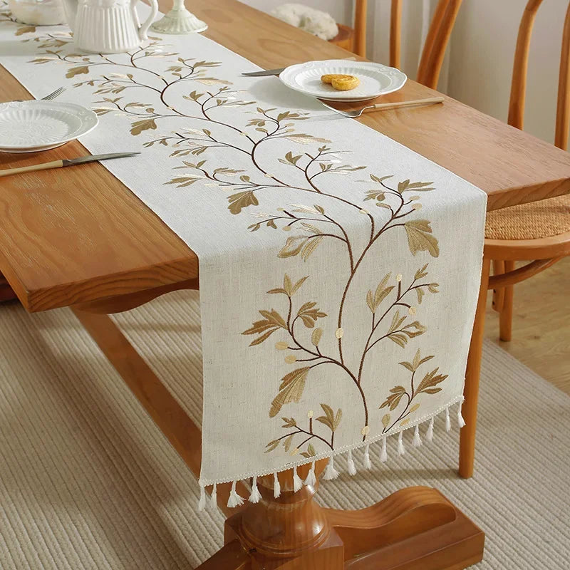 Embroidered Table Runner Cotton Linen Tassel Decorative