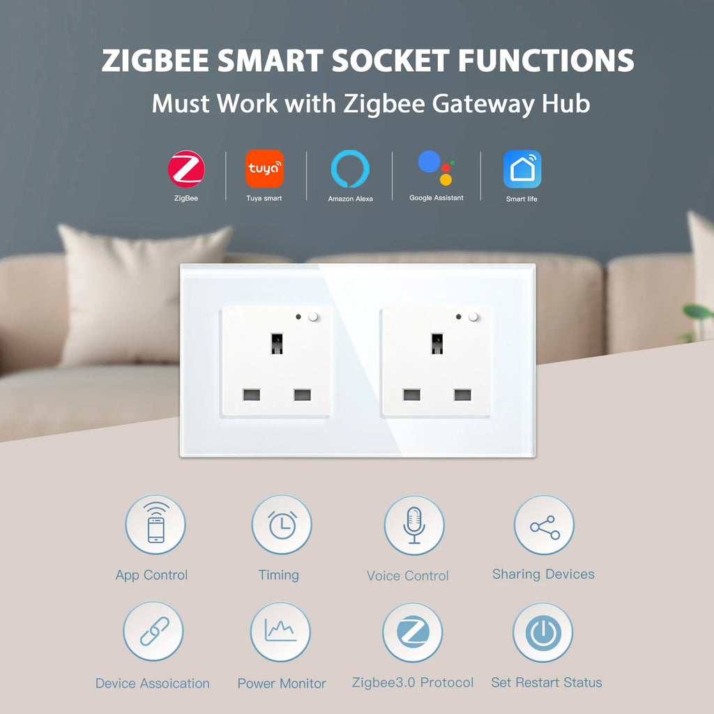 BSEED Zigbee Single UK Smart Socket Double Intelligent Wall Sockets Triple Electric Outlets Tuya Smart Life Alexa Control 13A