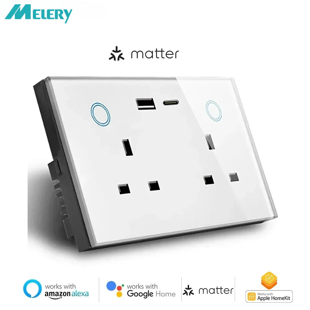 Melery Matter Smart Tuya USB TypeC PD 20W Wall Socket UK Plug Outlet Electricity Monitoring Wireless Remote Alexa Google Home