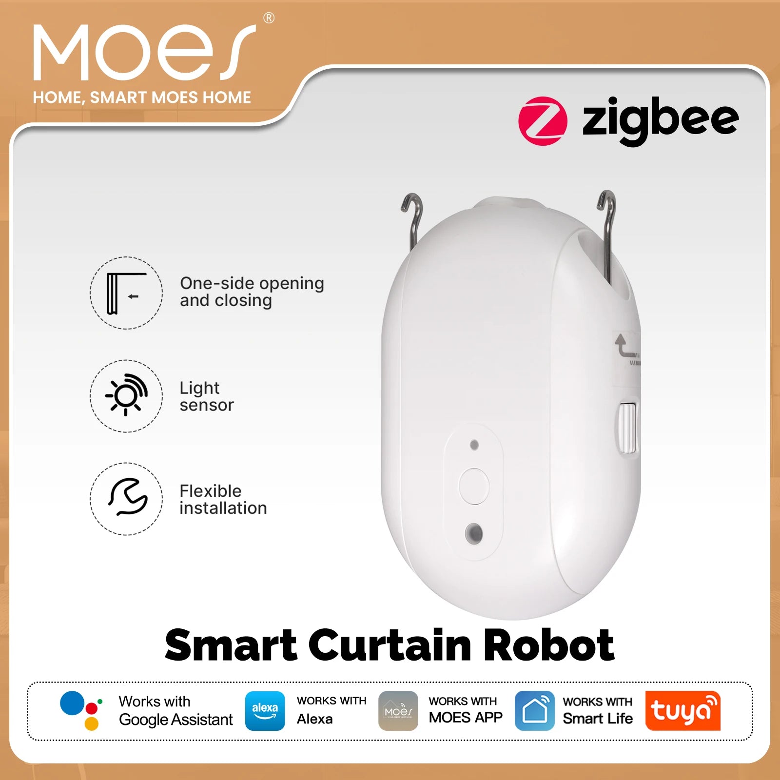 MOES Tuya ZigBee Smart Electric Curtain Robot Timing Auto Opener Closer Light Sensor App Remote Control Support Alexa GoogleHome