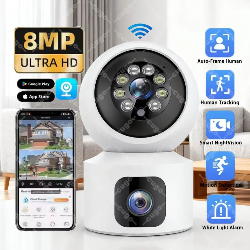 8MP 4K Wifi Camera Dual Lens Indoor Smart Home IP Camera Night Vision Two-way Audio Wireless PTZ Surveillance Baby Monitor CCTV