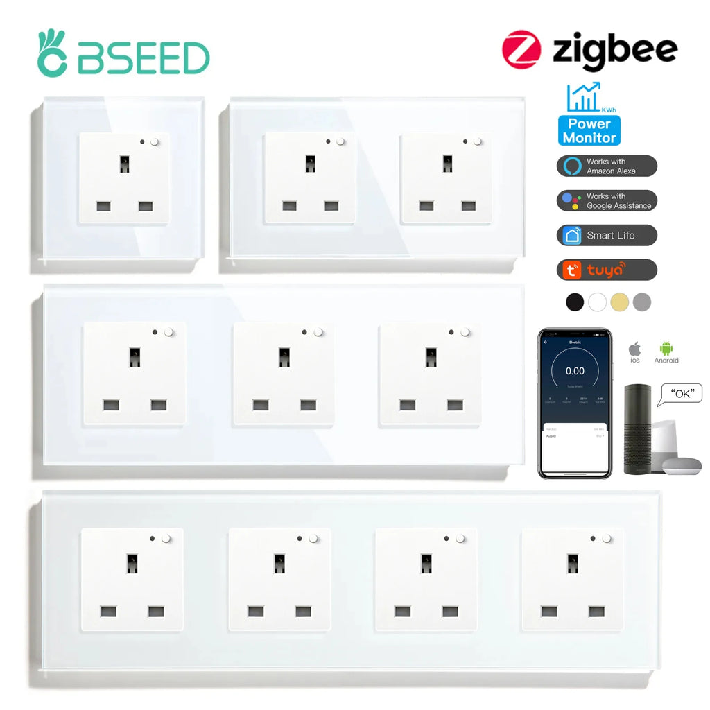 BSEED Zigbee Single UK Smart Socket Double Intelligent Wall Sockets Triple Electric Outlets Tuya Smart Life Alexa Control 13A