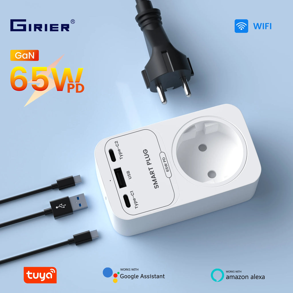 GIRIER Tuya Smart Plug WiFi 65W GaN Fast Charger with Type C USB A Fast Charging Ports EU/US/UK/FR Socket Outlet work with Alexa