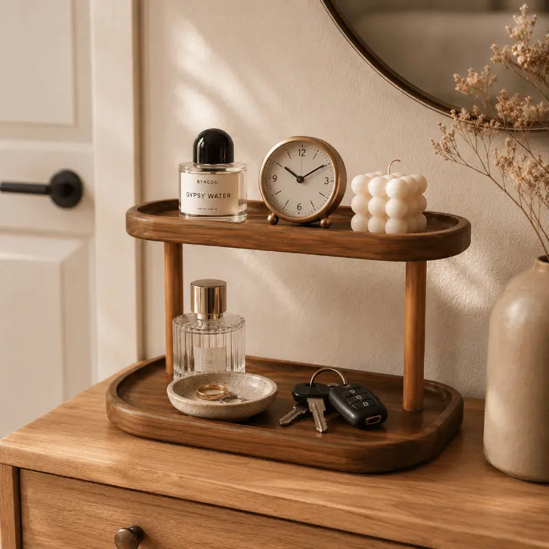 Wooden countertop display shelf for stylish home organisation and décor
