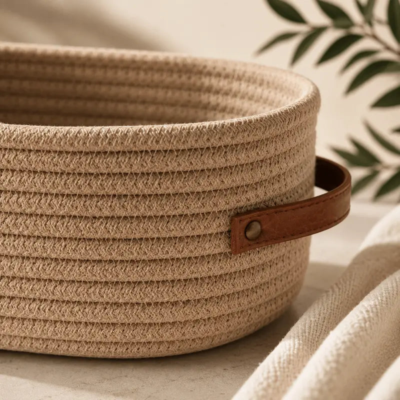 Woven storage basket with handles for stylish home organisation and décor