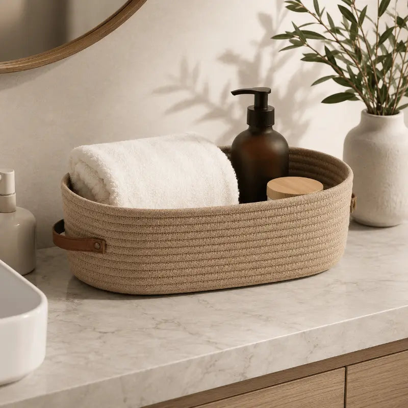 Woven storage basket with handles for stylish home organisation and décor